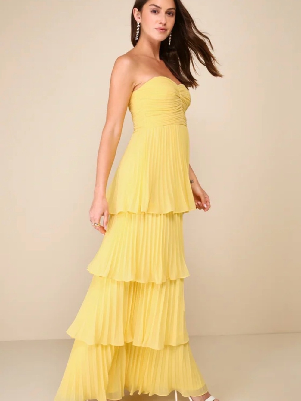 Lulu's Strapless Yellow Tiered Pleated Maxi Dress